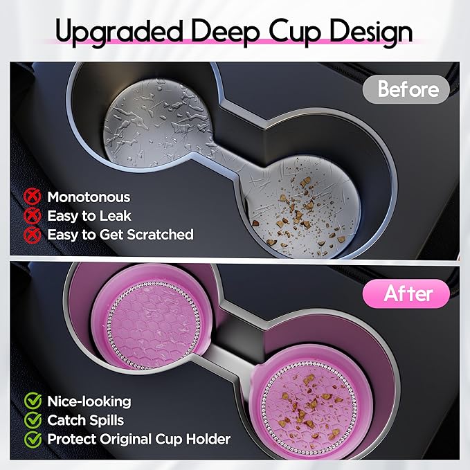 Amooca Car Cup Coaster Universal Non-Slip Cup Holders Bling Crystal Rhinestone Car Interior Accessories 2 Pack Pink
