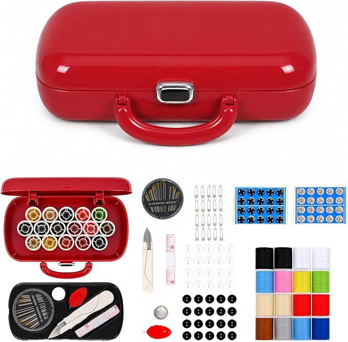 FKOG Sewing Project Kit, 151 Pcs Family Sewing Supplies Repair Kit Traveler Sewing Kit Sewing Thread Accessories DIY Sewing Supplies Organizer (Dark Red)
