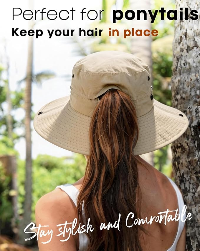 FURTALK Sun Hats for Women Ponytail UPF 80+ Beach Summer Hat Wide Brim Packable Cowboy Hat