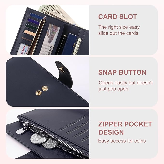 yiijay Wallet for Women RFID Blocking Leather Trifold Clutch Wallet Credit Card Holder Ladies Travel Wallet Purse with Pen Holder