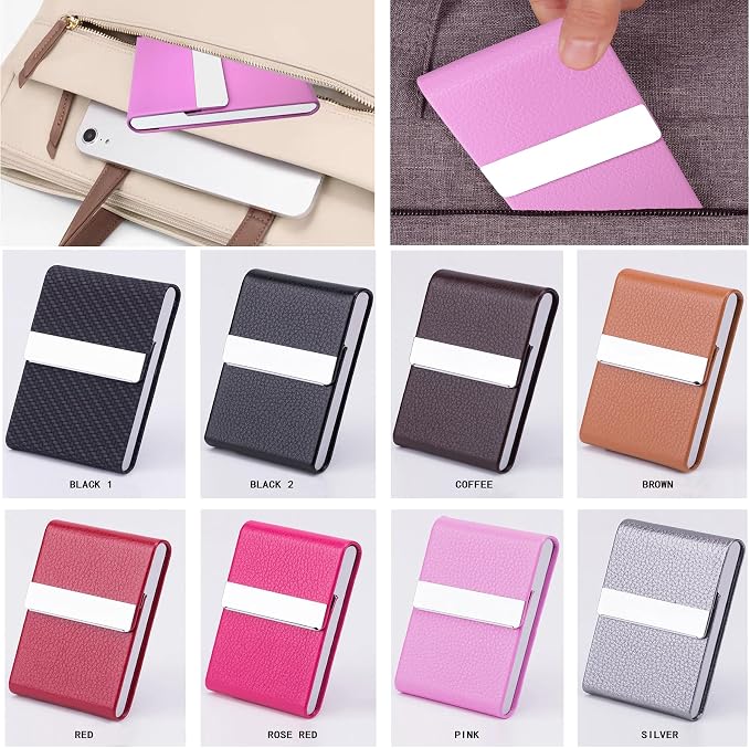 Business Card Holder with Ultra Slim Design,Business Card Case with Premium PU Leather, Suit Pocket Metal Card Holder for Women/Men,Professional Name Card Holder with Magnetic Shut (Pink)