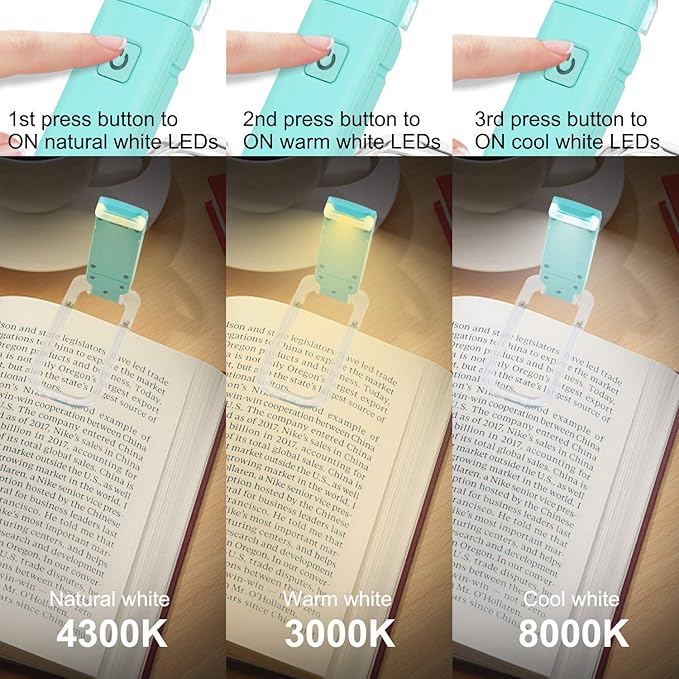 HONWELL Rechargeable Clip On LED Book Light, 3 Brightness Levels Dimmable Bookmark Light for Eye-Protection, Portable Reading Lamp for Bookworms, Travel (Blue)