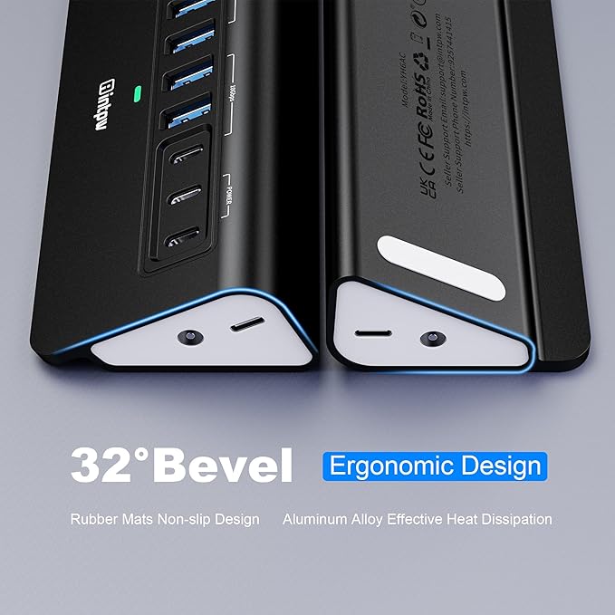 Powered USB Hub 10Gbps, intpw YH6AC 9-Port USB HUB with USB A/USB C 3.2, 4 USB 3.0, 2 PD 45W Charging Port, 65W Power Adapter + 5FT Cable, Aluminum USB Hub for Laptop, PC,iPhone 17/16