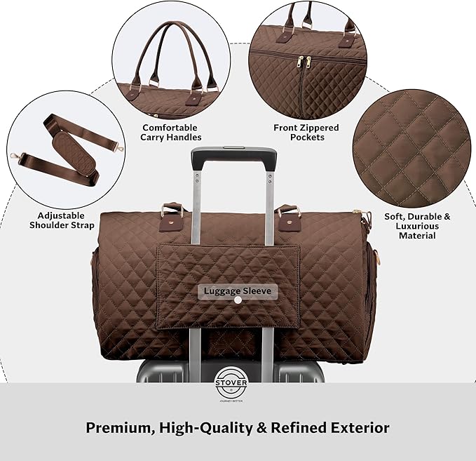 STOVER Women’s Convertible Garment Duffel Bag for Travel – 2-in-1 Carry-On Weekender/Overnight Tote - Wrinkle-Free Dresses, Suits & Clothes + Shoe Compartment & Bonus Toiletry Bag (Mocha Brown)