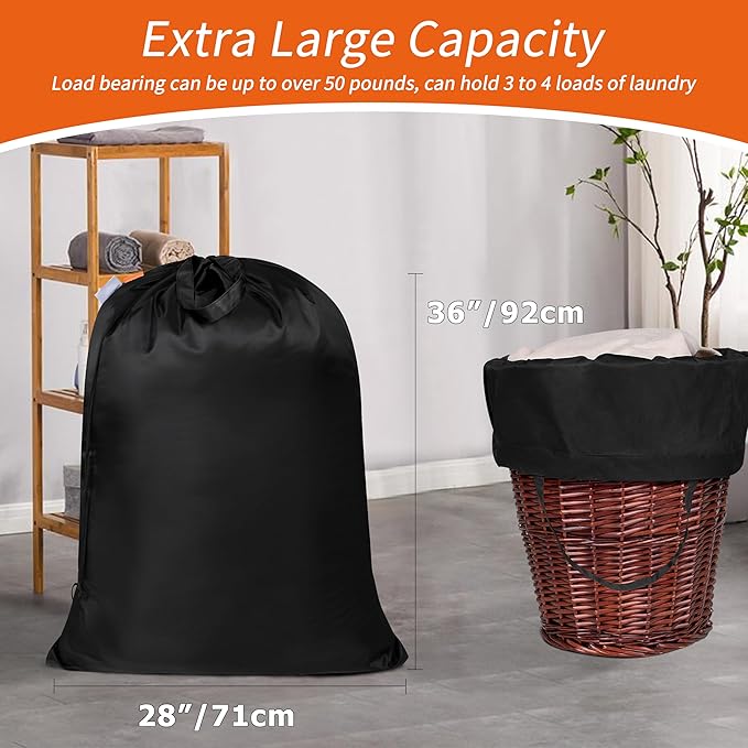 Polecasa 2 Pack Extra Heavy-Duty Laundry Bag 28x36”- Machine Washable Large Storage Bag with Reinforced Handles & Drawstring Closure & ID Tag for College Dorm Travel -Black