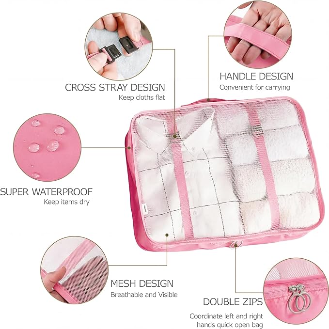 LANSKLBD 6/8 Set Packing Cubes for Suitcases Travel Luggage Packing Organizers,Travel Accessories Essentials Luggage Organizer with Shoe/Tioletry/Laundry Bag (Pink, 6 set)