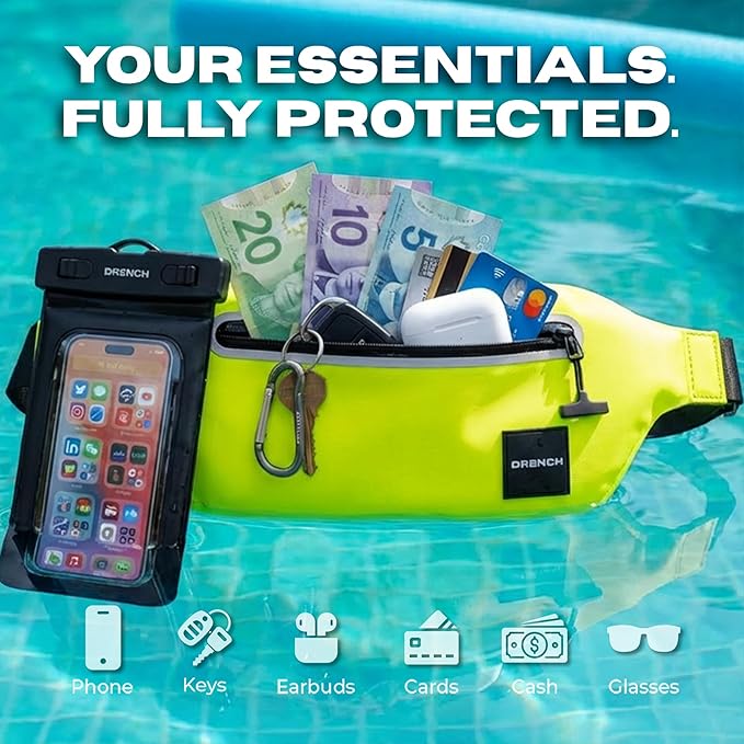 Drench Waterproof Fanny Pack & Waterproof Phone Case | IPX8 Dry Bag Waist Pack for Festivals, Raves, Jouvert, Pool Parties, Beach Travel & Outdoor Adventures | Neon Yellow