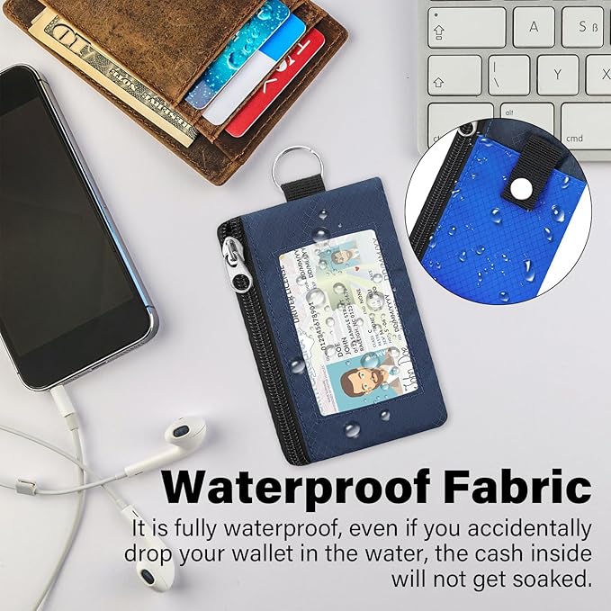 Minimalist Small Wallet for Men Women with 2 Zip Pockets, Multi Functional ID Case with Keychain and Card Holder, Coin Purse Badge Lanyard Pouch for Boys Girls Travel -Blue+DarkBlue