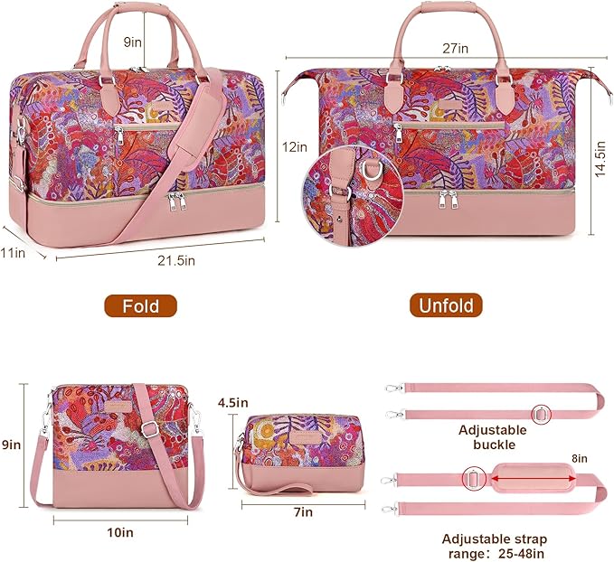 ITIEZY Weekender Overnight Bag for Women - Large Travel Duffel Bag with Shoe Compartment, Gym Duffel Bag Hospital Bag Carry On Tote Bags for Airplanes with Crossbody Bag Toiletry Bag 3Pcs Set