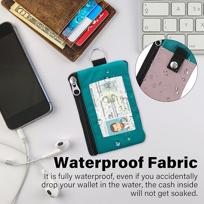 Minimalist RFID Wallet with Lanyard, Multi-Functional ID Case with 2 Zipper Pockets and Key Chain for Men and Women, Tactical Badge Pouch Cards Holder, Coin Purse for Travel - Peacock&Pink