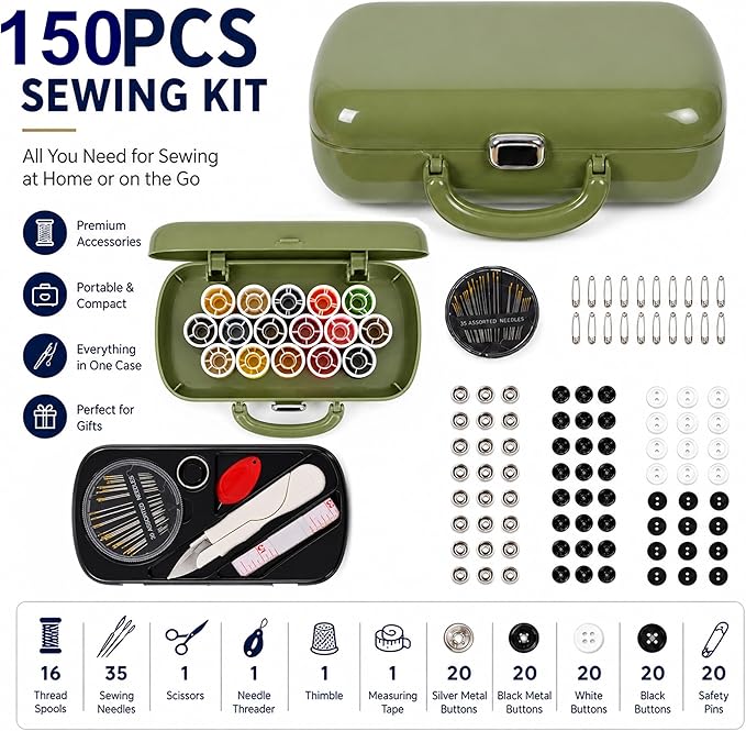 WANSHUNLMI Portable Sewing Kit Basic, 150 Pcs Sewing Supplies & Accessories Organizer for Adults,Beginner,Home,Travel,Emergency Including Scissors,Measure Tape,Needle Threader and More (Used Green)