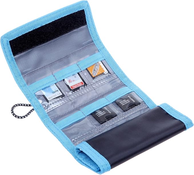 Memory Card Wallet - SD Card Storage - Slim and Foldable with Transparent Slots - Can Carry Up to 15 SD Cards - Straps with Tether Included - (Black/Blue)