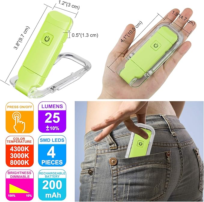 HONWELL Rechargeable Book Light, Clip On LED Reading Lights for Kids Reading in Bed, 3 Brightness Levels Dimmable Bookmark Light for Eye-Protection, Portable Reading Lamp for Bookworms, Travel(Green)
