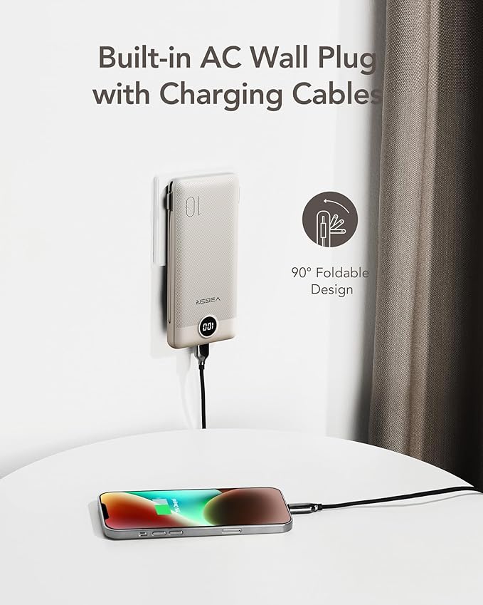 VEGER Portable Charger with Built-in AC Plug and Cables, All in One 10000mAh Ultra Slim Power Bank Emergency Fast Charging for Travel Battery Pack Compatible with iPhone, Samsung, Android, Coffee