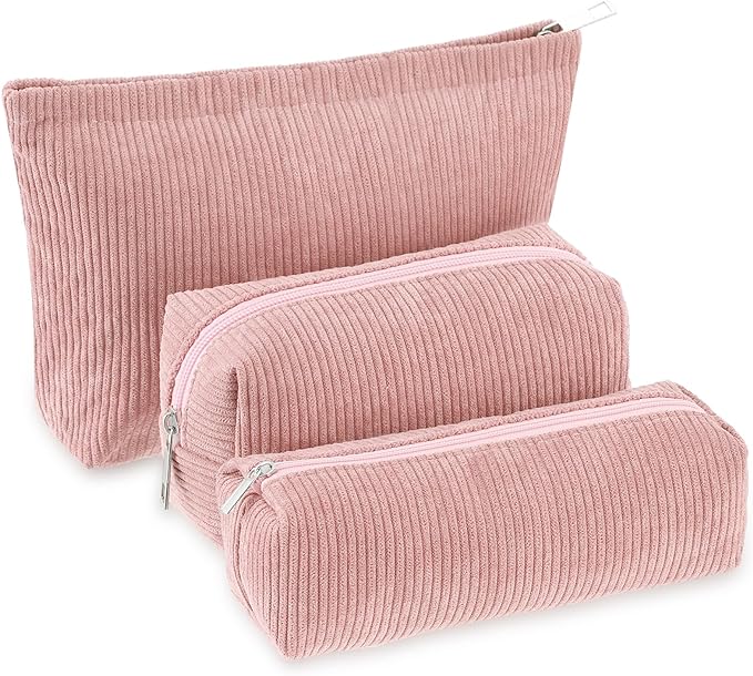 Huhumy 3 Pcs Makeup Bag Set for Women Corduroy Cosmetic Pouch Aesthetic Smile Travel Toiletry Bag Cute Purse Pouch Pencil Case Makeup Brushes Storage Organizer with Zipper(Pink,Solid Style)