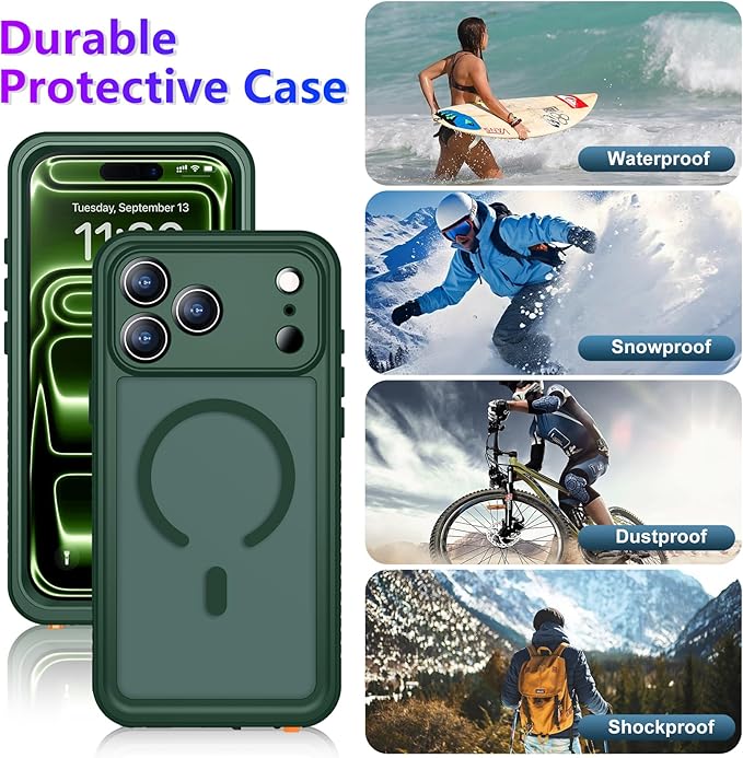 Magnetic Compatible with iPhone 17 Pro Max Case,Waterproof Built-in Screen & Camera Protector IP68 Underwater Full Body Military Dropproof Translucent Matte Phone Case 6.9"-Mag/Green