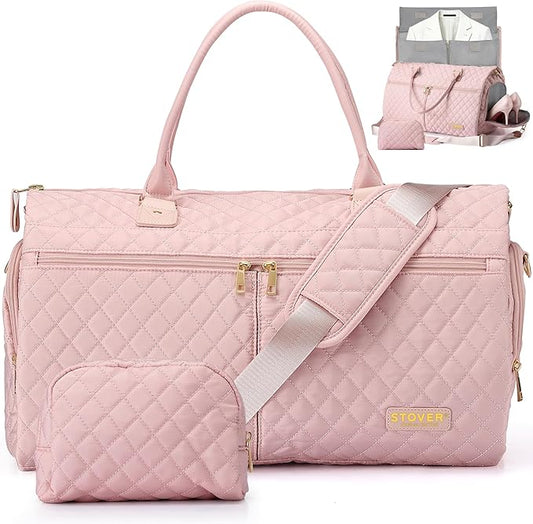 STOVER Women’s Convertible Garment Duffel Bag for Travel – 2-in-1 Carry-On Weekender/Overnight Tote - Wrinkle-Free Dresses, Suits & Clothes + Shoe Compartment & Bonus Toiletry Bag (Blush Pink)