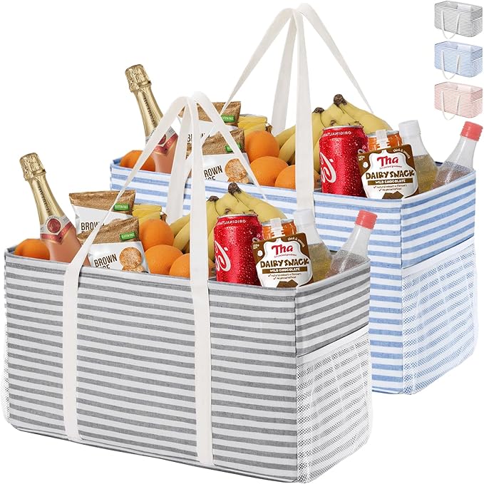 Lifewit Extra Large Tote Bag, Reusable Grocery Bags with Metal Wire Frame and Handles, Standing Utility Foldable Shopping Bags for Storage, Picnics, Beach, Laundry, Car, 46L, 2 Pack, Gray and Blue