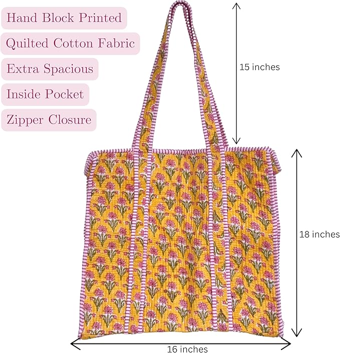 ATOSII Women Handblock Print Quilted 100% Cotton Floral Large Shoulder Tote Bag with Pocket, Zipper for Work, Beach & Travel