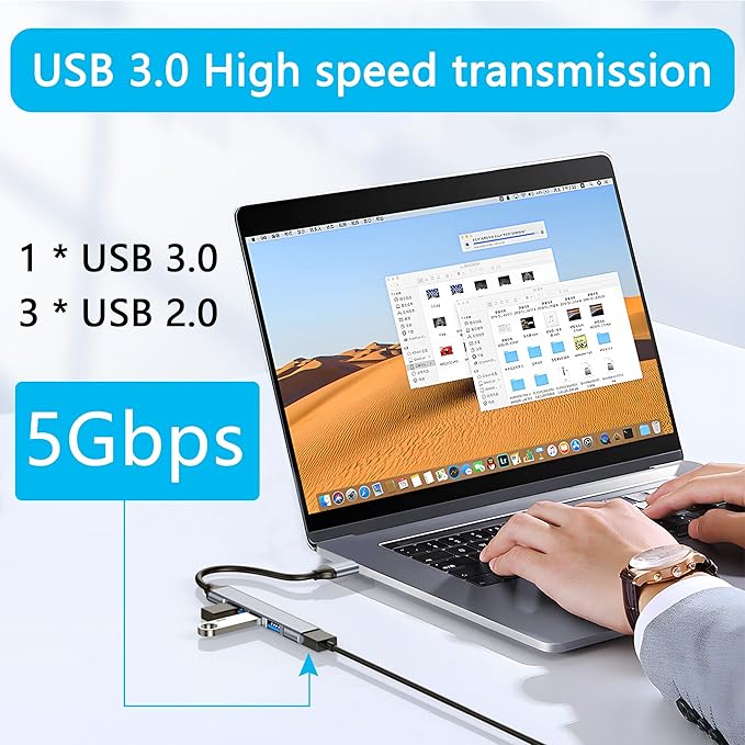 4 Port USB Hub with 3inch Cable, Multi Port USB Extender Adapter,1 USB 3.0/3 USB 2.0 Port, for Laptop, PC, Flash Drives, Mobile HDD and More USB