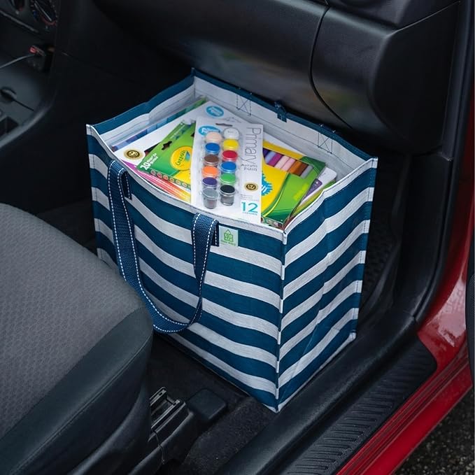 VENO 4 Pack Reusable Grocery Shopping Bags, Heavy-Duty Tote Bags with Handles, for Shopping Cart with Hard Bottom to Stand Upright, Foldable (Navy Stripe, 4 Pack)