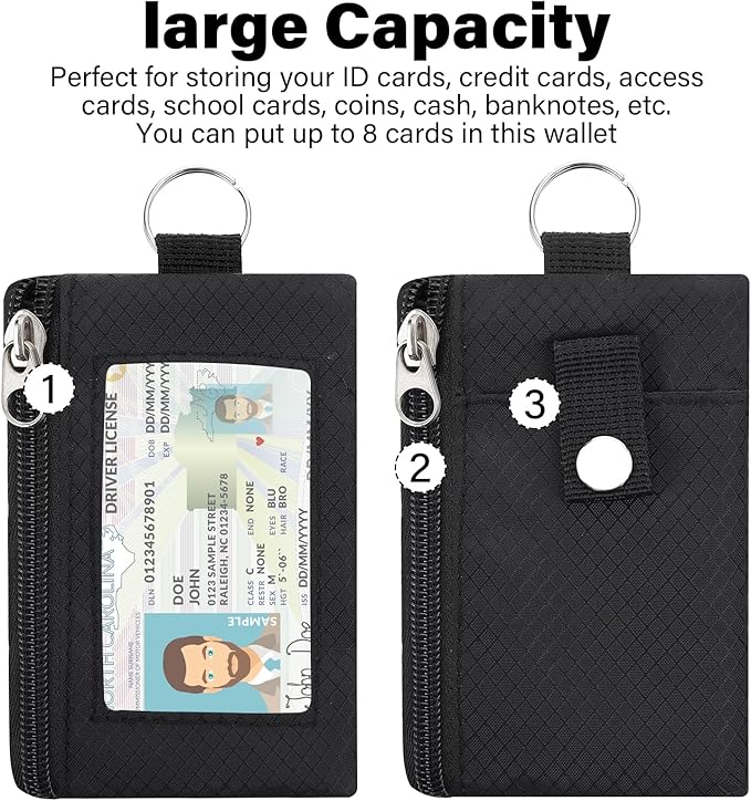 Minimalist Small Wallet for Men Women with 2 Zip Pockets, Multi Functional ID Case with Keychain and Card Holder, Coin Purse Badge Lanyard Pouch for Boys Girls Travel -Black