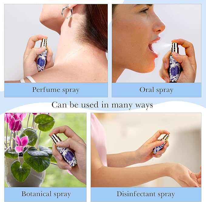 LUEXBOX Portable Perfume Bottle for Travel, Mini Refillable Perfume Dispenser, 5ml Faux Leather Leak Proof Perfume Atomizers, Blue and White Bottles Sprayer for Pocket Perfume (Blue branch)