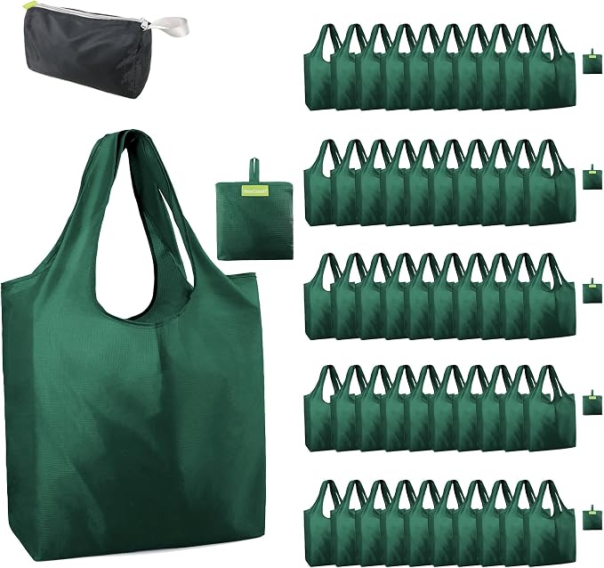 BeeGreen Christmas Green Reusable Grocery Bags Dark Green Reusable Kitchen Bags Bulk Foldable-Machine Washable with Zipper Storage Pouch 50 Packs