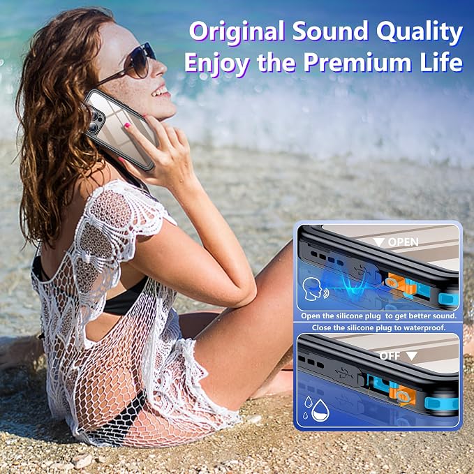 Compatible with iPhone 16 Pro Max Case Waterproof, Built-in Screen & Camera Protector IP68 Underwater Full Body 16FT Military Dropproof Shockproof Phone Case 6.9"-Blue/Clear