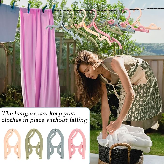 20 Pcs Travel Hangers Foldable Hangers, Portable Folding Clothes Hanger, Lightweight Folding Hanger Travel Accessories for Home School, 4 Colors with Clothesline