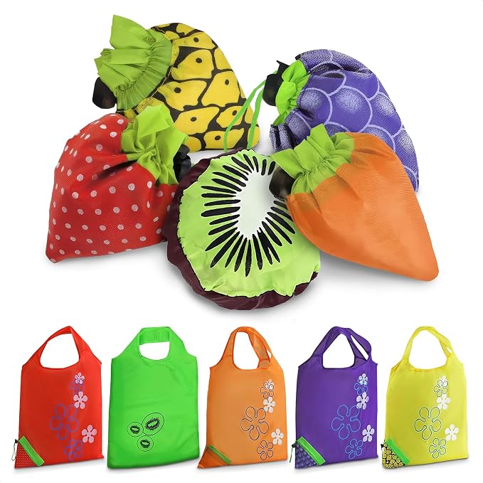 5 PCs Fruit Micro Tote Bag – Reusable Grocery Bags Foldable with 15"x15" Capacity Size, Washable Build for Wear Resistance and Long Service Life – Handy Choice for Market Trips and Daily Carrying