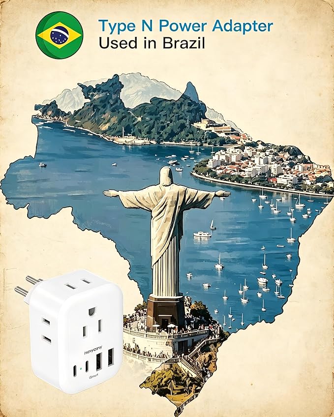 Type N Plug Adapter Brazil 2 Pack, HANYCONY Braizl Power Adapter with 4 Outlets 4 USB Ports (2 USB C), Type N Travel Adapter for US to Brazil Brazilian Brasil