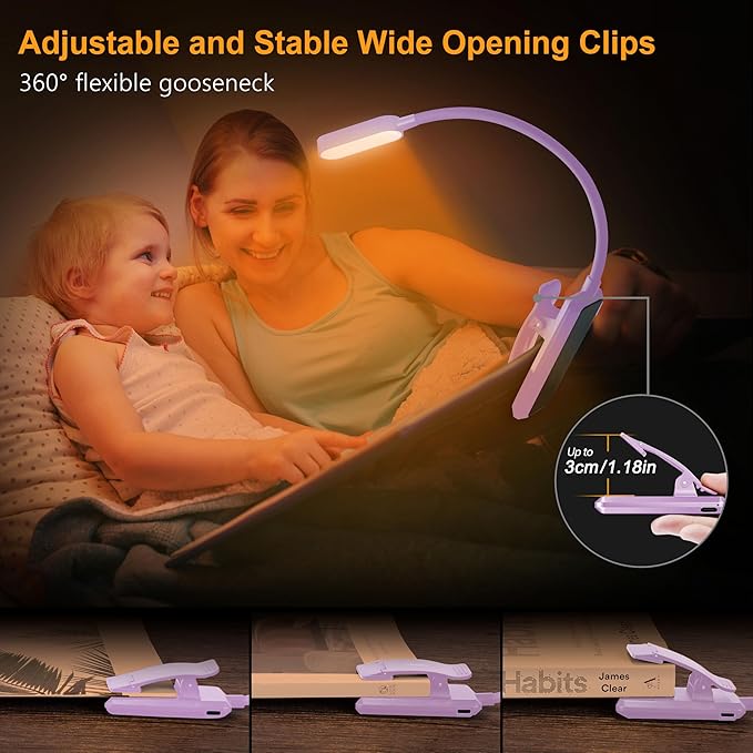 Gritin 16 LED Rechargeable Book Light for Reading in Bed- Eye Caring 3 Color Temperatures, Stepless Dimming Brightness, 80 Hrs Runtime, Lightweight Flexible Clip on Light for Book Lovers-Purple