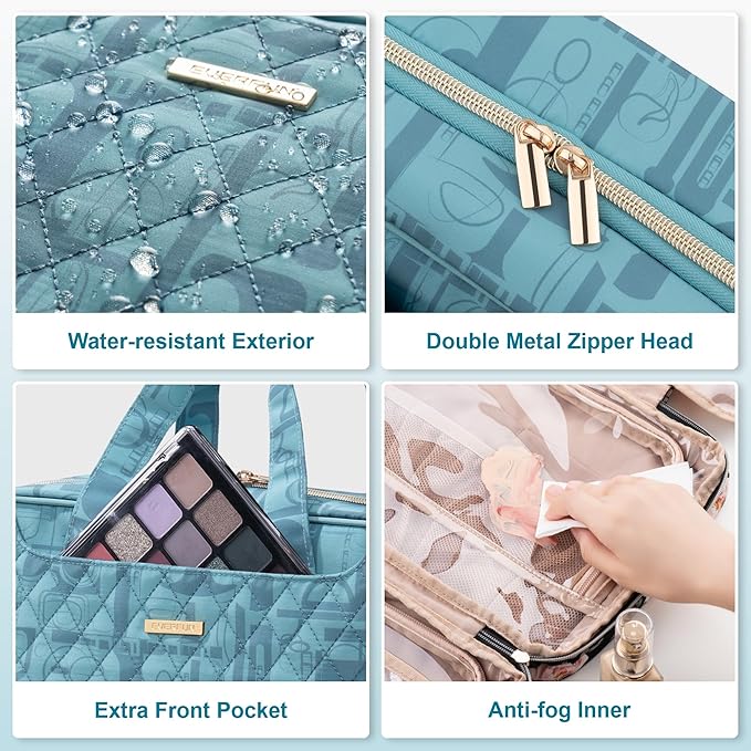 Everfun Travel Toiletry Bag with Hanging Hook and Leakproof Wet/Dry Compartments, Large Capacity Makeup Cosmetic Organizer for Women, 12x9x4.5 Inch, Cyan Blue