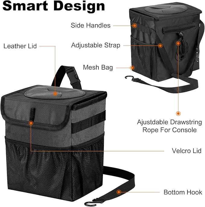 Car Trash Can Foldable Garbage Bin Leakproof 2.3 Gallons Car Trash Bag Black