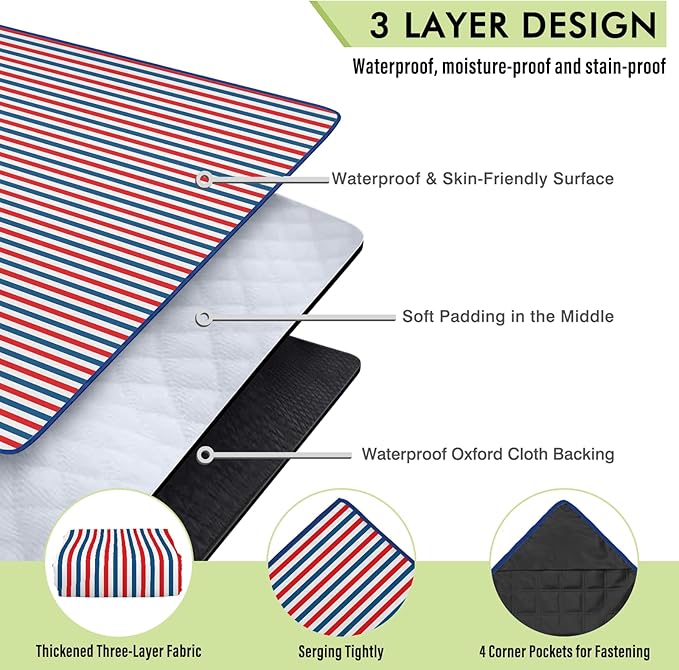 Independence Day Picnic Blankets Waterproof Foldable, Fourth of July Packable Picnic Mat Large Outdoor Blanket for Grass, Sandproof Picnic Accessories for Festival Party Beach Tent Lawn