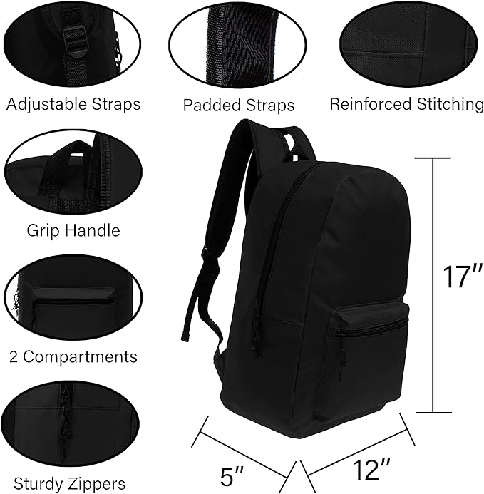 17" School Backpacks for Kids - Backpacks in Bulk for Elementary, Middle, and High School Students in Assorted Colors
