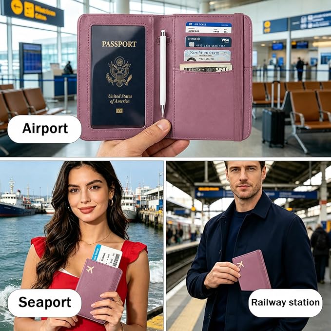 ZOPPEN RFID Blocking Passport Holder for Travel – PU Leather Waterproof Lightweight Passport Cover Wallet for Women Men, Travel Organizer with Card Slots for Airline Tickets & Passport Book, Purple