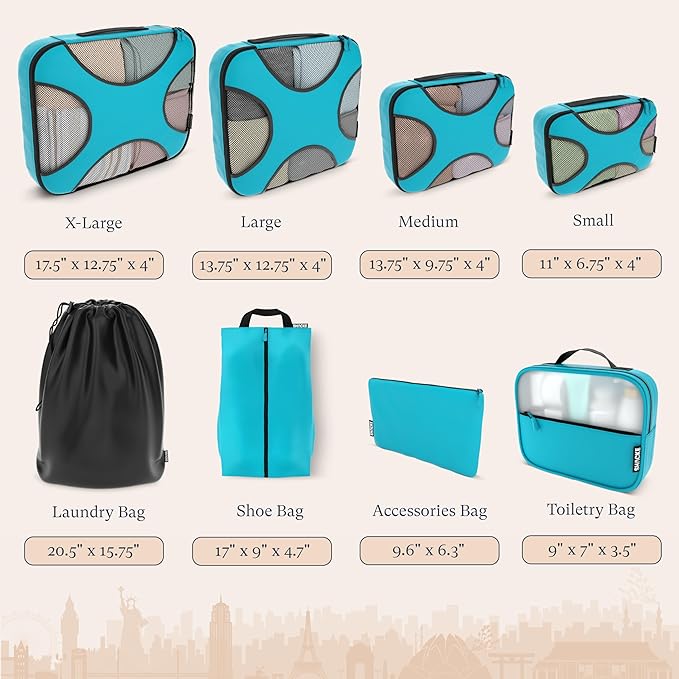 Shacke 8 Set Packing Cubes for Travel – Complete Luggage Organizer Set with Laundry, Shoe, Toiletry & Accessories Bag, Suitcase Travel Organizer (Aqua Teal)