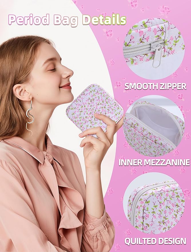 Period Bag for Girls, Quilted Period Pouch for Women, Floral Sanitary Napkin Storage Bag Menstrual Pad Pouches Tampon Holder for Purse Pad Bag Gifts for Teen Girls(Pink)