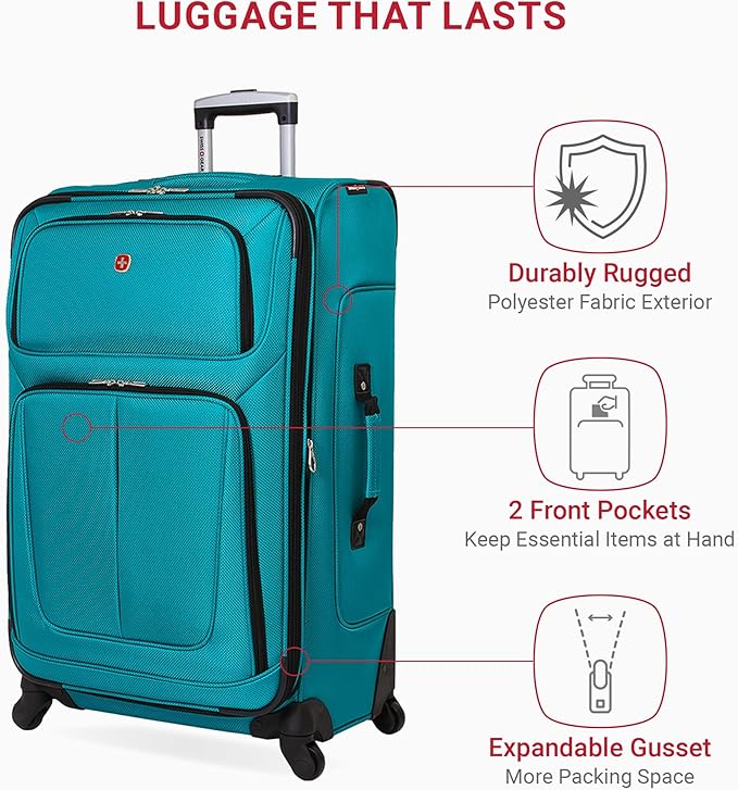 SWISSGEAR Sion Softside Expandable Spinner Luggage Durable Lightweight Travel Suitcase, Teal, Checked-Large