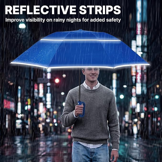 G4Free 46inch Ring Buckle Umbrella, Inverted Design with Carabiner Handle, Compact Travel Umbrella with Reflective Strip, Automatic Windproof for Rain