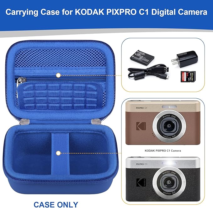 RAIALL Carrying Case for KODAK PIXPRO C1 Friendly Zoom Digital Camera, Point and Shoot Vlogging Camera Hard Travel Bag, Mesh Pocket for Charging Adapter, SD Card, USB Cable and Batteries, Blue