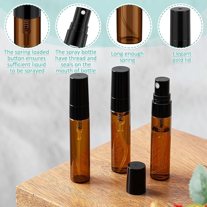 Zhehao 1 Pcs Mini Spray Bottles 5 ml Clear Glass Perfume Bottles Refillable Fine Mist Perfume Atomizer Portable Empty Sample Containers for Cleaning, Essential Oils, Travel (Amber)