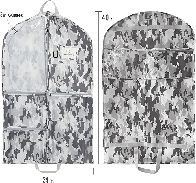 Waterproof Hanging Garment Bag 40 inch Clothes Bag with Gusset, 2 Pack, 5 Pockets & Side Zip for Dance Costumes, Sports, Skating, Theatre, Beauty Pageants, Cheer & More by Kendall Country, Camo Grey