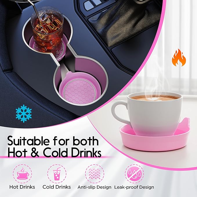 Amooca Car Cup Coaster Universal Non-Slip Cup Holders Bling Crystal Rhinestone Car Interior Accessories 2 Pack Pink