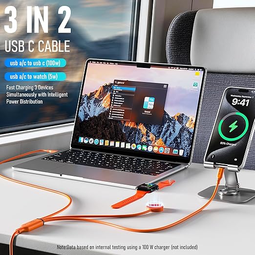 Travel Essentials 3 in 2 Multi Charging Cable 100W USB A/C to Dual USB C/for Apple Watch Charging Cable Silicone Fast Charge Compatible with iPhone 17-15 Series iPad MacBook, Type-C Devices 5FT-Orange