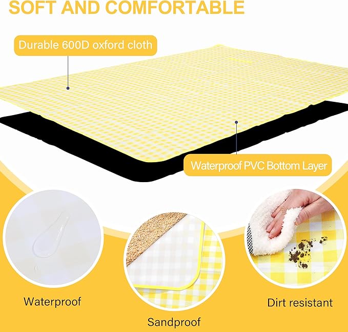 HX&OD Picnic Blanket Outdoor Extra Large Picnic Mat 80"X60" Camping Blanket Beach Blanket Foldable Waterproof Sand Mat Hiking Travel Family Concerts(Yellow)