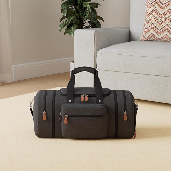 Sucipi Canvas Travel Duffel Bag for Men, Weekend Overnight Bag with Shoe Compartment and Toiletry Bag, Carry-On for Airplanes, Dark Grey
