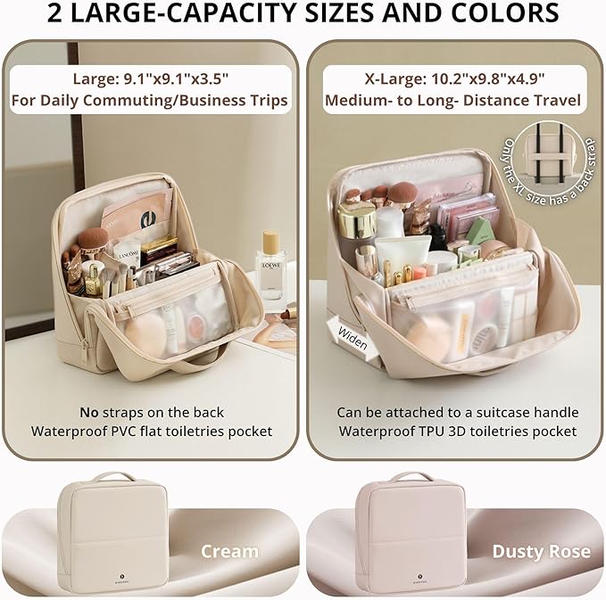 tianzong Travel Makeup Bag with Magnetic Fold-Down Flap, Waterproof Leather Cosmetic and Toiletry Organizer for Women, Multi-Zone Standing Storage, Dusty Rose, X-Large